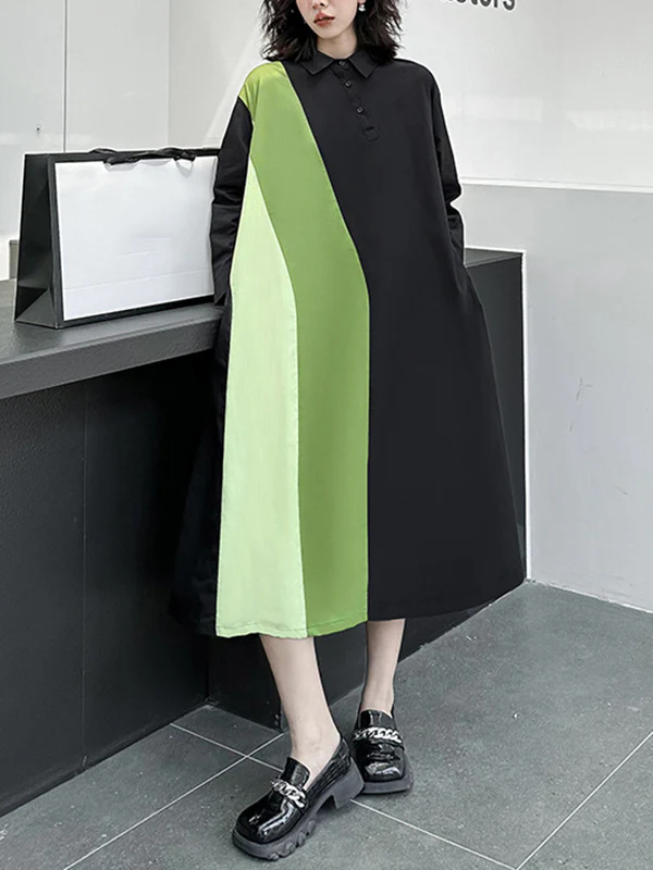Long Sleeves Loose Asymmetric Buttoned Contrast Color Split-Joint Lapel Midi Dresses Shirt Dress - Image 6