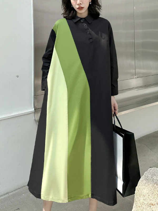 Long Sleeves Loose Asymmetric Buttoned Contrast Color Split-Joint Lapel Midi Dresses Shirt Dress - Image 7