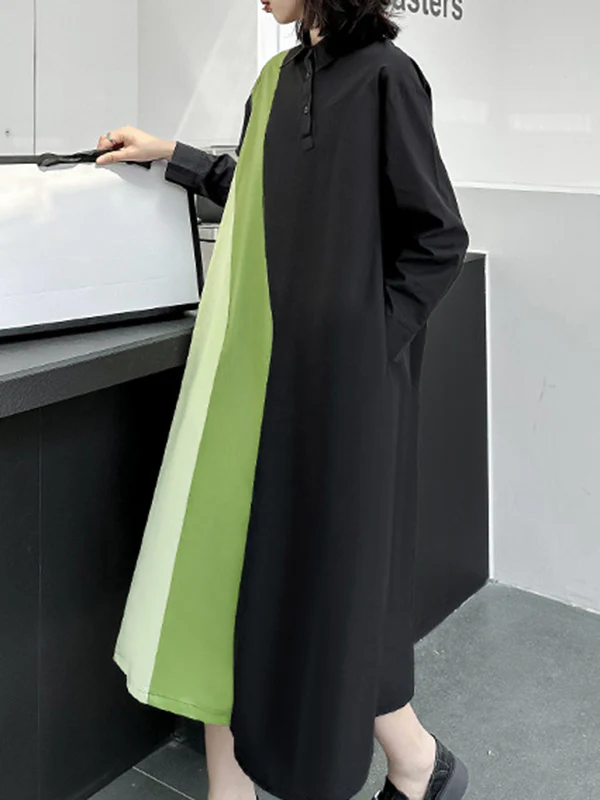 Long Sleeves Loose Asymmetric Buttoned Contrast Color Split-Joint Lapel Midi Dresses Shirt Dress - Image 9