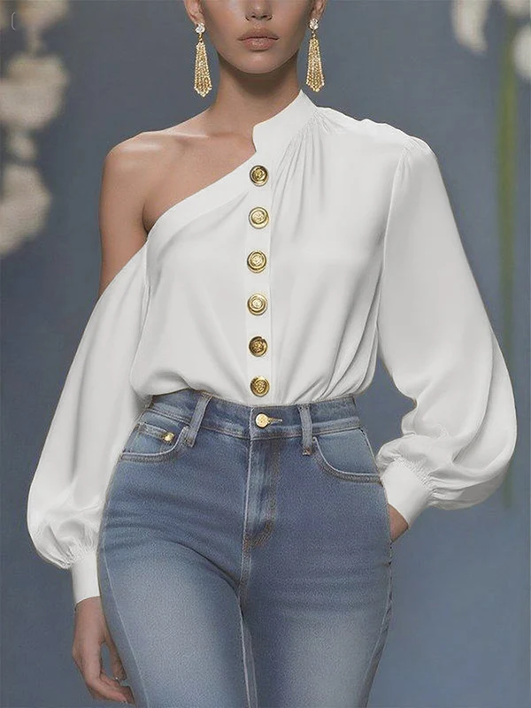 Long Sleeves Loose Asymmetric Buttoned Pleated Solid Color One-Shoulder Blouses&Shirts Tops - Image 2