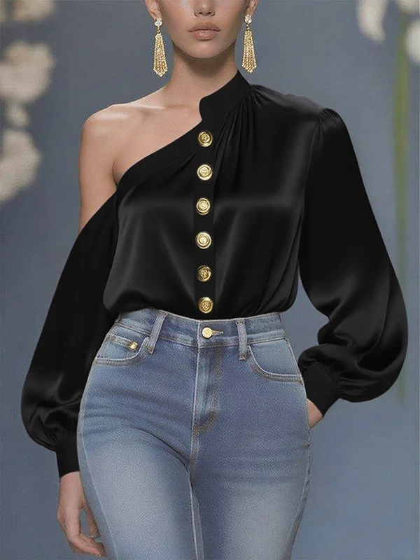 Long Sleeves Loose Asymmetric Buttoned Pleated Solid Color One-Shoulder Blouses&Shirts Tops - Image 3