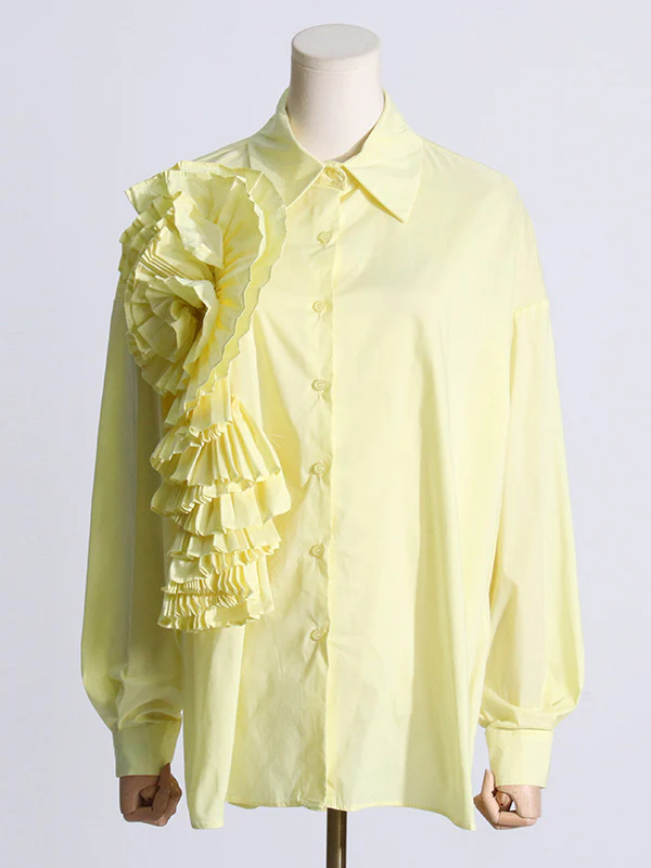 Long Sleeves Loose Asymmetric Buttoned Pleated Solid Color Split-Joint Three-Dimensional Flower Lapel Blouses&Shirts Tops - Image 10