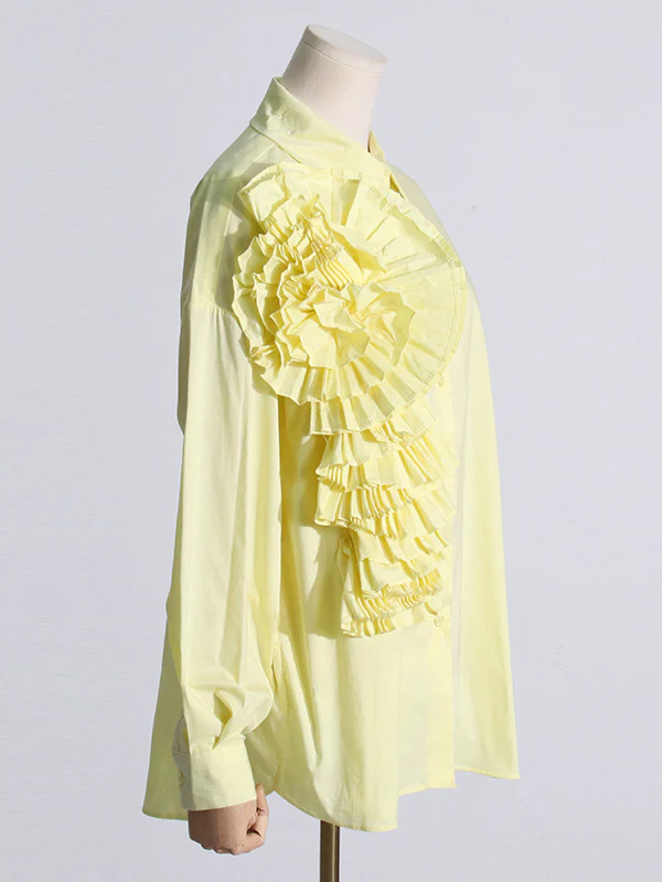 Long Sleeves Loose Asymmetric Buttoned Pleated Solid Color Split-Joint Three-Dimensional Flower Lapel Blouses&Shirts Tops - Image 11