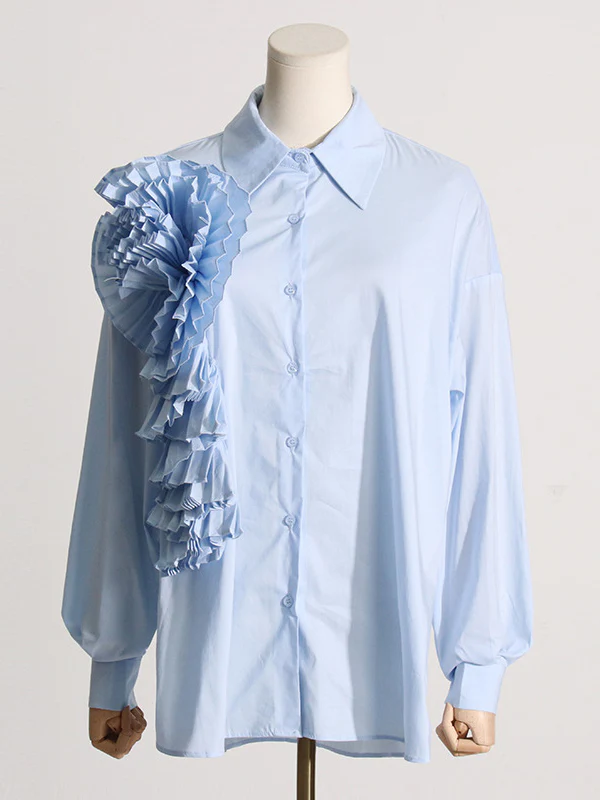 Long Sleeves Loose Asymmetric Buttoned Pleated Solid Color Split-Joint Three-Dimensional Flower Lapel Blouses&Shirts Tops - Image 13