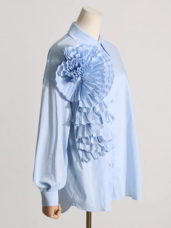 Long Sleeves Loose Asymmetric Buttoned Pleated Solid Color Split-Joint Three-Dimensional Flower Lapel Blouses&Shirts Tops - Image 14