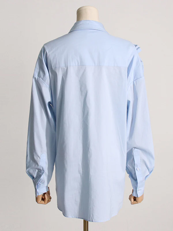Long Sleeves Loose Asymmetric Buttoned Pleated Solid Color Split-Joint Three-Dimensional Flower Lapel Blouses&Shirts Tops - Image 15
