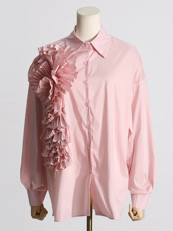 Long Sleeves Loose Asymmetric Buttoned Pleated Solid Color Split-Joint Three-Dimensional Flower Lapel Blouses&Shirts Tops - Image 16