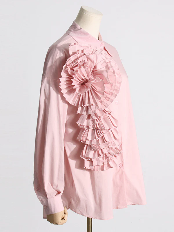 Long Sleeves Loose Asymmetric Buttoned Pleated Solid Color Split-Joint Three-Dimensional Flower Lapel Blouses&Shirts Tops - Image 17