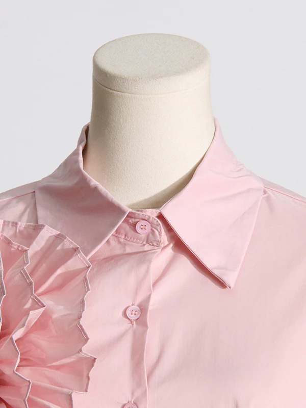Long Sleeves Loose Asymmetric Buttoned Pleated Solid Color Split-Joint Three-Dimensional Flower Lapel Blouses&Shirts Tops - Image 19