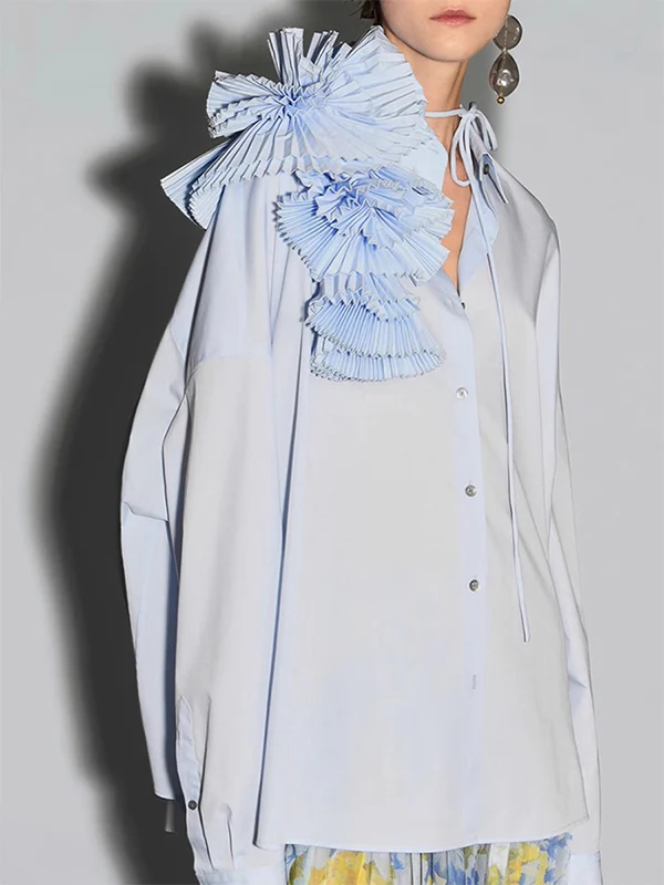 Long Sleeves Loose Asymmetric Buttoned Pleated Solid Color Split-Joint Three-Dimensional Flower Lapel Blouses&Shirts Tops - Image 2