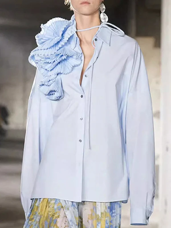 Long Sleeves Loose Asymmetric Buttoned Pleated Solid Color Split-Joint Three-Dimensional Flower Lapel Blouses&Shirts Tops - Image 3