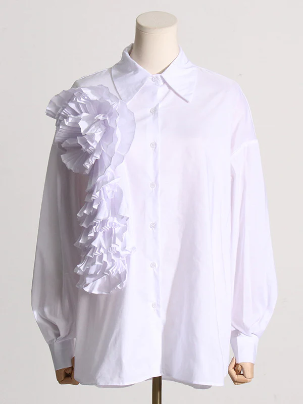 Long Sleeves Loose Asymmetric Buttoned Pleated Solid Color Split-Joint Three-Dimensional Flower Lapel Blouses&Shirts Tops - Image 4