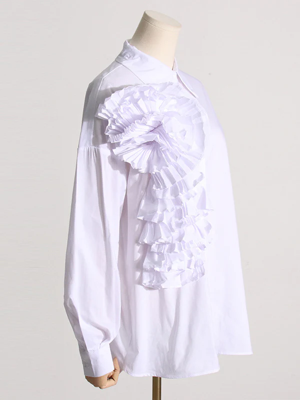 Long Sleeves Loose Asymmetric Buttoned Pleated Solid Color Split-Joint Three-Dimensional Flower Lapel Blouses&Shirts Tops - Image 5