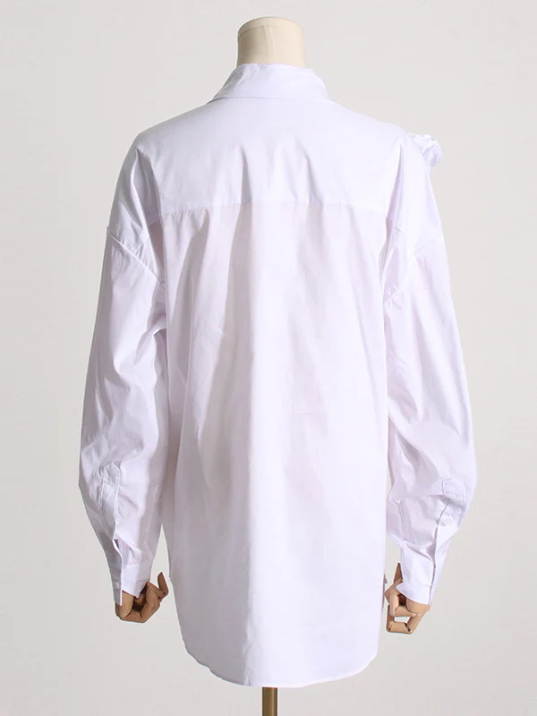 Long Sleeves Loose Asymmetric Buttoned Pleated Solid Color Split-Joint Three-Dimensional Flower Lapel Blouses&Shirts Tops - Image 6