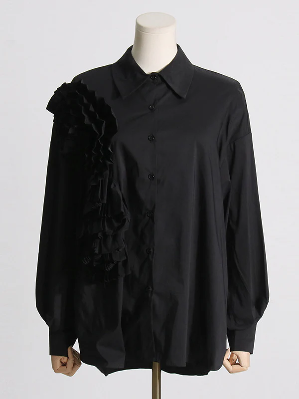 Long Sleeves Loose Asymmetric Buttoned Pleated Solid Color Split-Joint Three-Dimensional Flower Lapel Blouses&Shirts Tops - Image 7