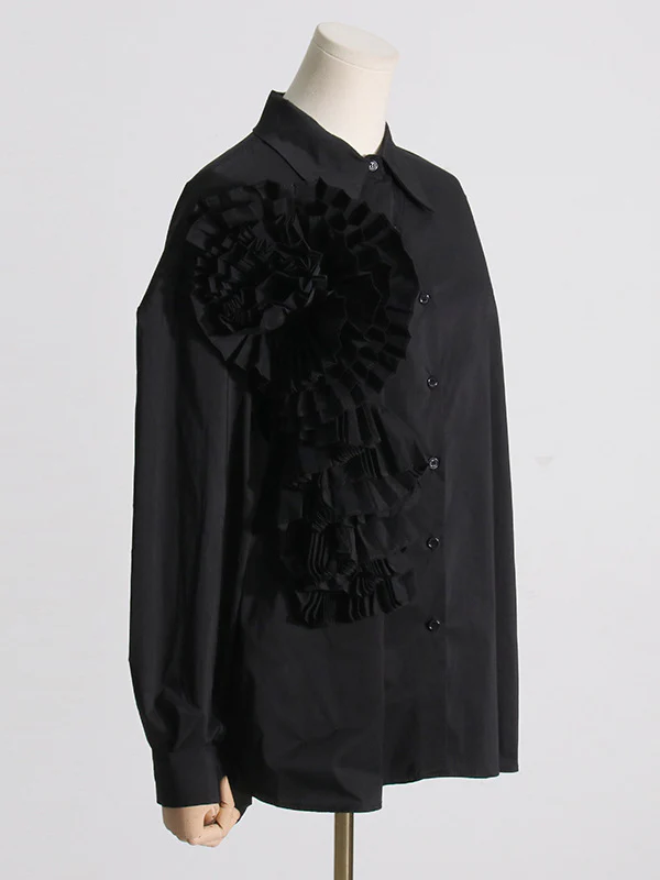 Long Sleeves Loose Asymmetric Buttoned Pleated Solid Color Split-Joint Three-Dimensional Flower Lapel Blouses&Shirts Tops - Image 8