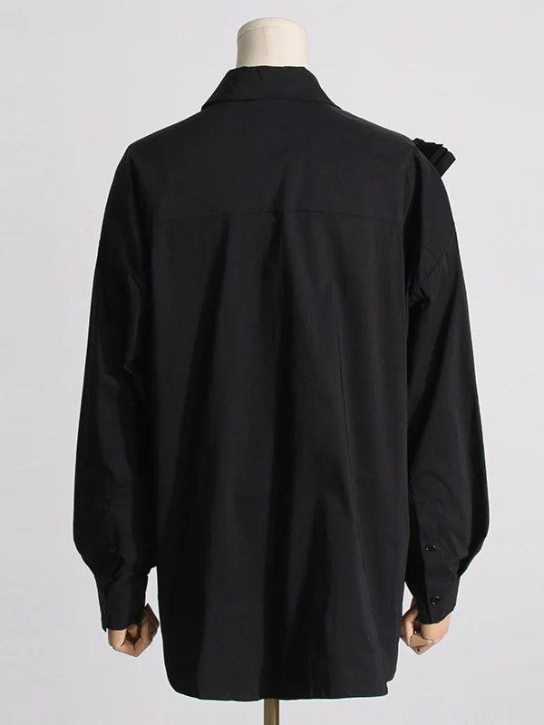 Long Sleeves Loose Asymmetric Buttoned Pleated Solid Color Split-Joint Three-Dimensional Flower Lapel Blouses&Shirts Tops - Image 9