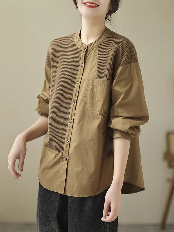 Long Sleeves Loose Asymmetric Buttoned Pockets Split-Joint Round-Neck Blouses&Shirts Tops - Image 10