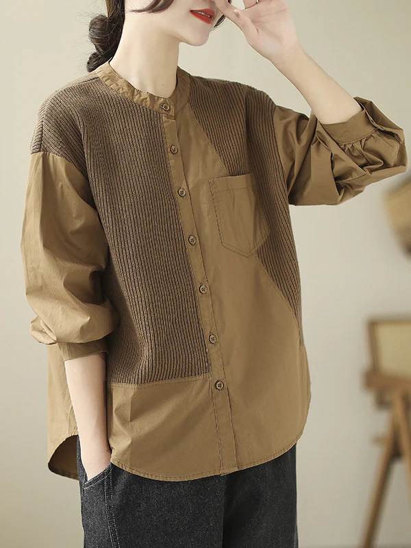 Long Sleeves Loose Asymmetric Buttoned Pockets Split-Joint Round-Neck Blouses&Shirts Tops - Image 11