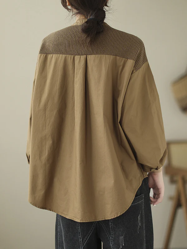 Long Sleeves Loose Asymmetric Buttoned Pockets Split-Joint Round-Neck Blouses&Shirts Tops - Image 12