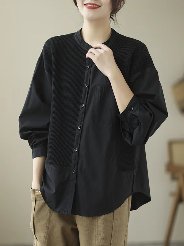 Long Sleeves Loose Asymmetric Buttoned Pockets Split-Joint Round-Neck Blouses&Shirts Tops - Image 2