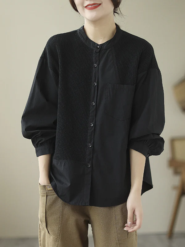 Long Sleeves Loose Asymmetric Buttoned Pockets Split-Joint Round-Neck Blouses&Shirts Tops - Image 3