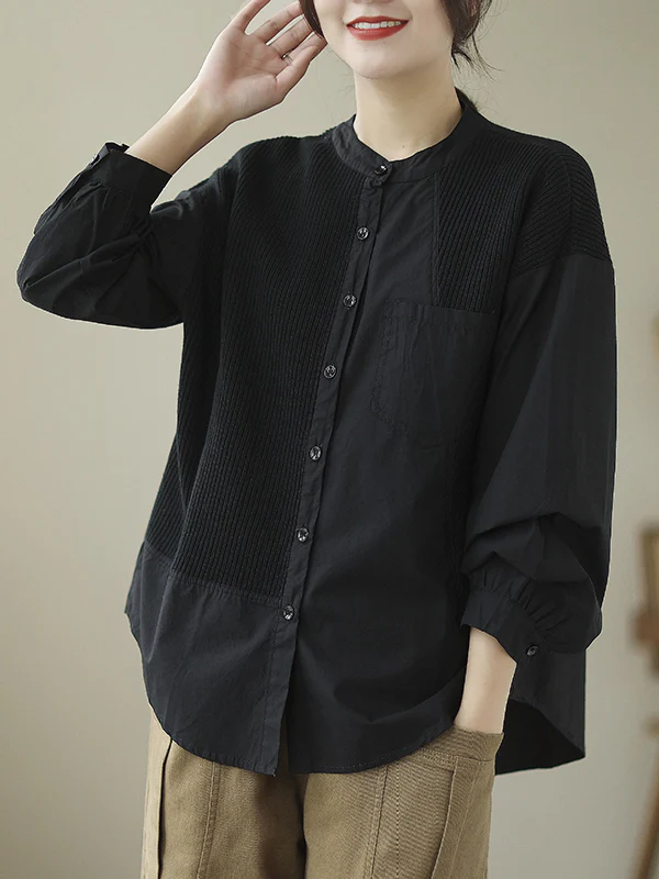 Long Sleeves Loose Asymmetric Buttoned Pockets Split-Joint Round-Neck Blouses&Shirts Tops - Image 4