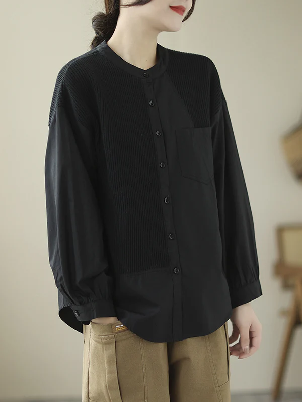Long Sleeves Loose Asymmetric Buttoned Pockets Split-Joint Round-Neck Blouses&Shirts Tops - Image 5
