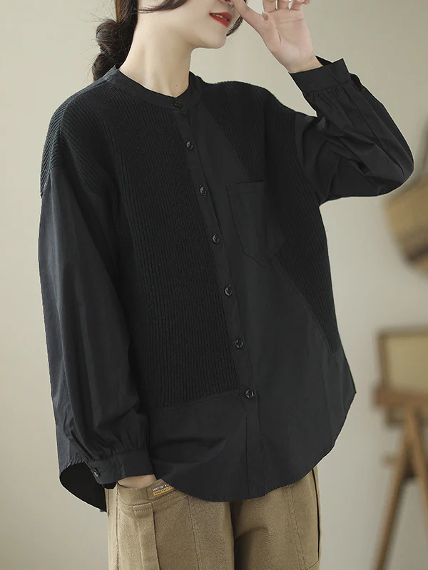 Long Sleeves Loose Asymmetric Buttoned Pockets Split-Joint Round-Neck Blouses&Shirts Tops - Image 6