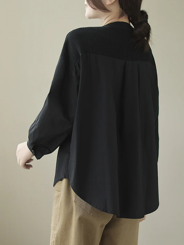 Long Sleeves Loose Asymmetric Buttoned Pockets Split-Joint Round-Neck Blouses&Shirts Tops - Image 7