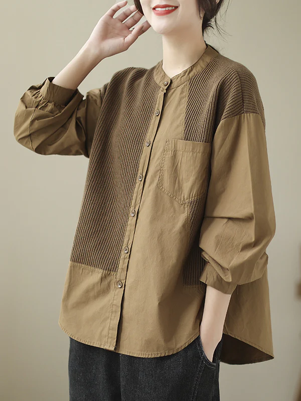 Long Sleeves Loose Asymmetric Buttoned Pockets Split-Joint Round-Neck Blouses&Shirts Tops - Image 8