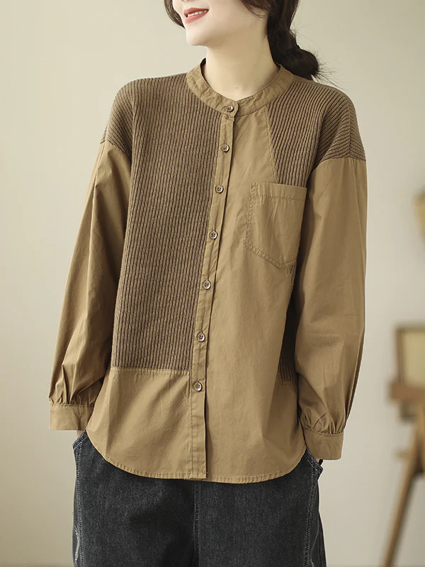 Long Sleeves Loose Asymmetric Buttoned Pockets Split-Joint Round-Neck Blouses&Shirts Tops - Image 9