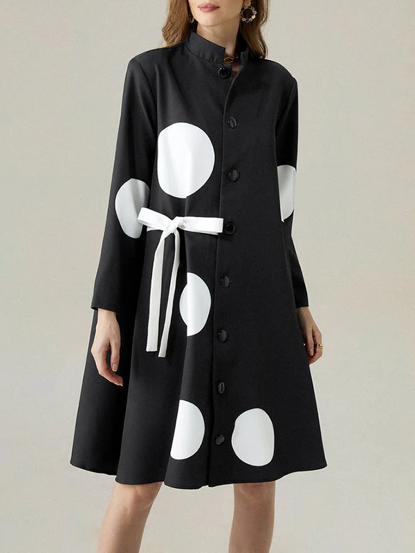 Long Sleeves Loose Asymmetric Buttoned Polka-Dot Tied Mock Neck Jackets&Coats Midi Dresses Outerwear - Image 2