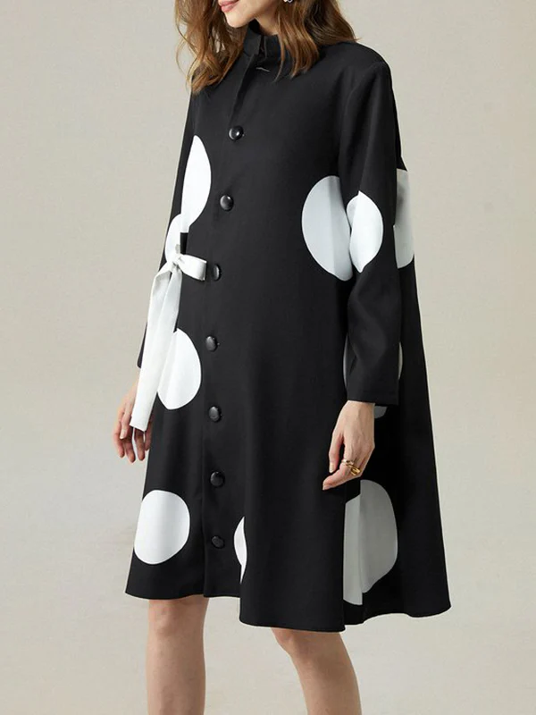 Long Sleeves Loose Asymmetric Buttoned Polka-Dot Tied Mock Neck Jackets&Coats Midi Dresses Outerwear - Image 3