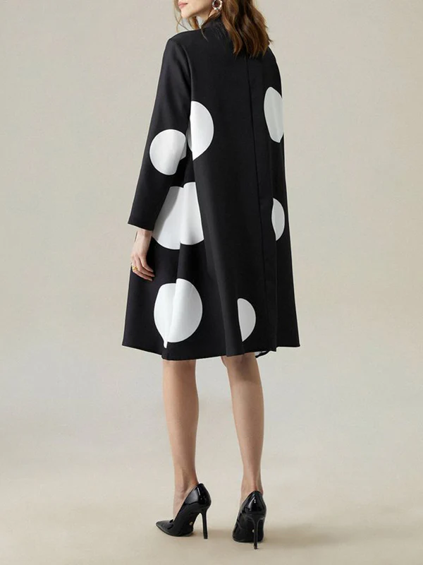 Long Sleeves Loose Asymmetric Buttoned Polka-Dot Tied Mock Neck Jackets&Coats Midi Dresses Outerwear - Image 4