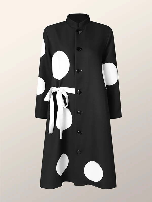 Long Sleeves Loose Asymmetric Buttoned Polka-Dot Tied Mock Neck Jackets&Coats Midi Dresses Outerwear - Image 5