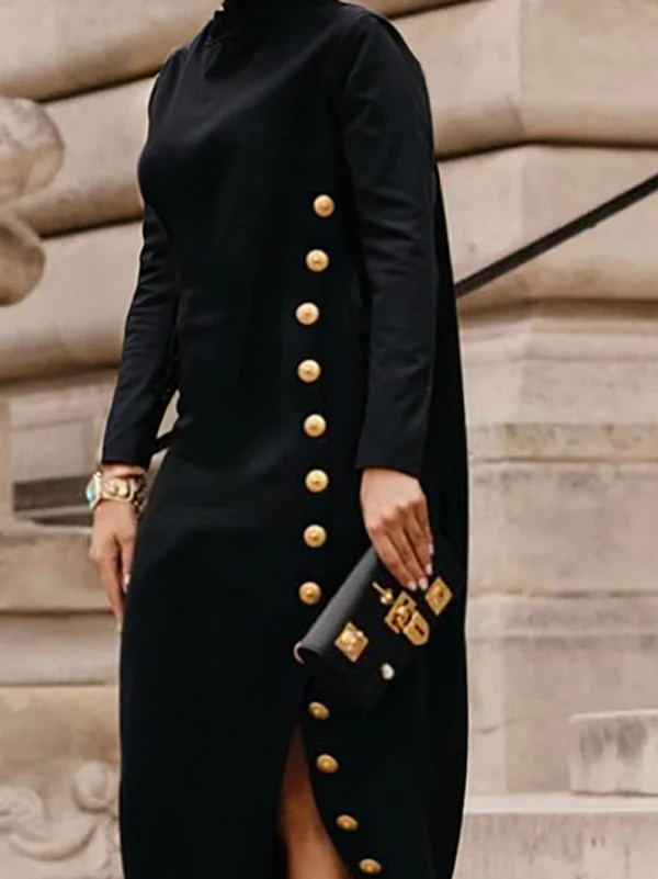 Long Sleeves Loose Asymmetric Buttoned Split-Joint Split-Side Mock Neck Maxi Dresses - Image 2