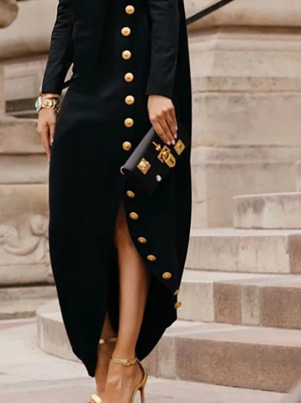 Long Sleeves Loose Asymmetric Buttoned Split-Joint Split-Side Mock Neck Maxi Dresses - Image 3