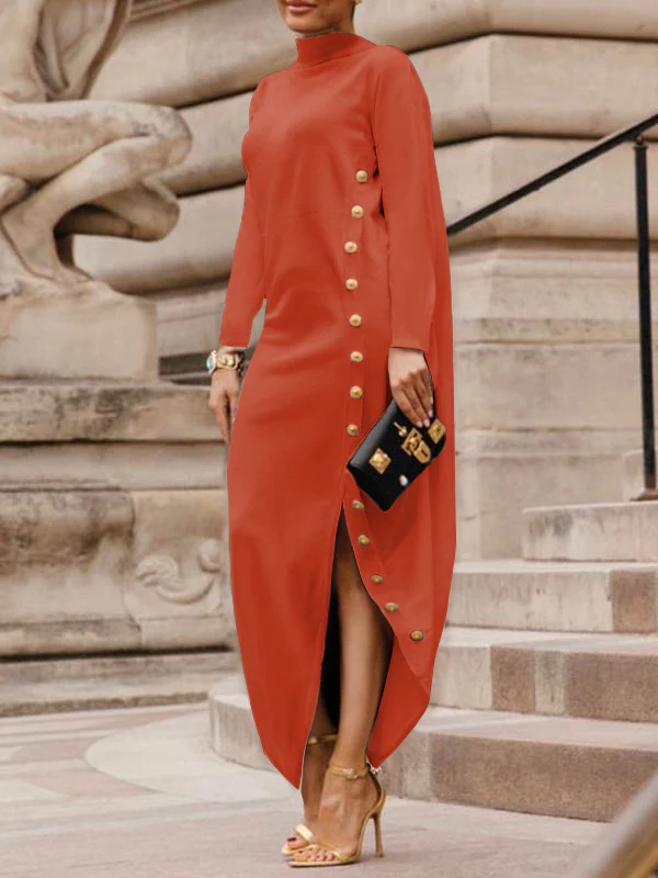 Long Sleeves Loose Asymmetric Buttoned Split-Joint Split-Side Mock Neck Maxi Dresses - Image 5