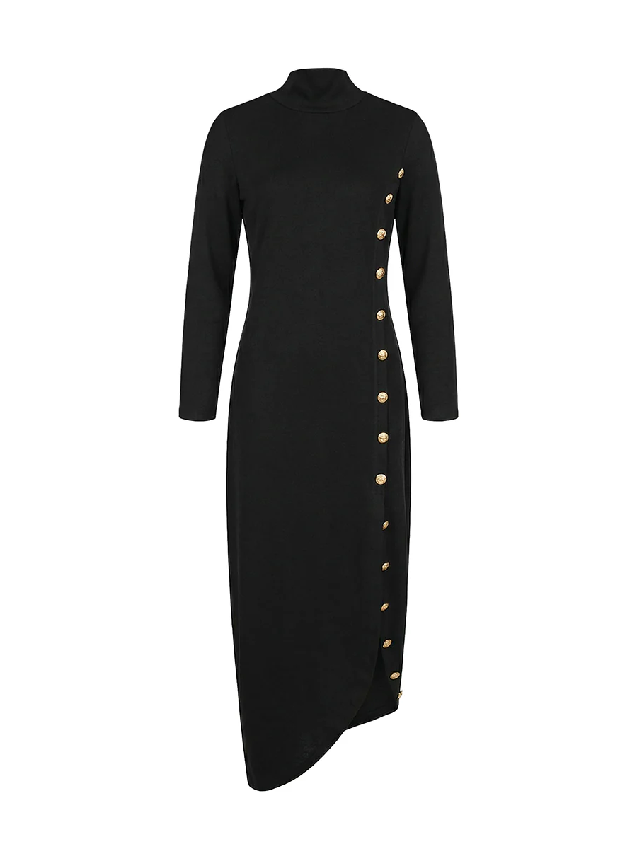 Long Sleeves Loose Asymmetric Buttoned Split-Joint Split-Side Mock Neck Maxi Dresses - Image 6