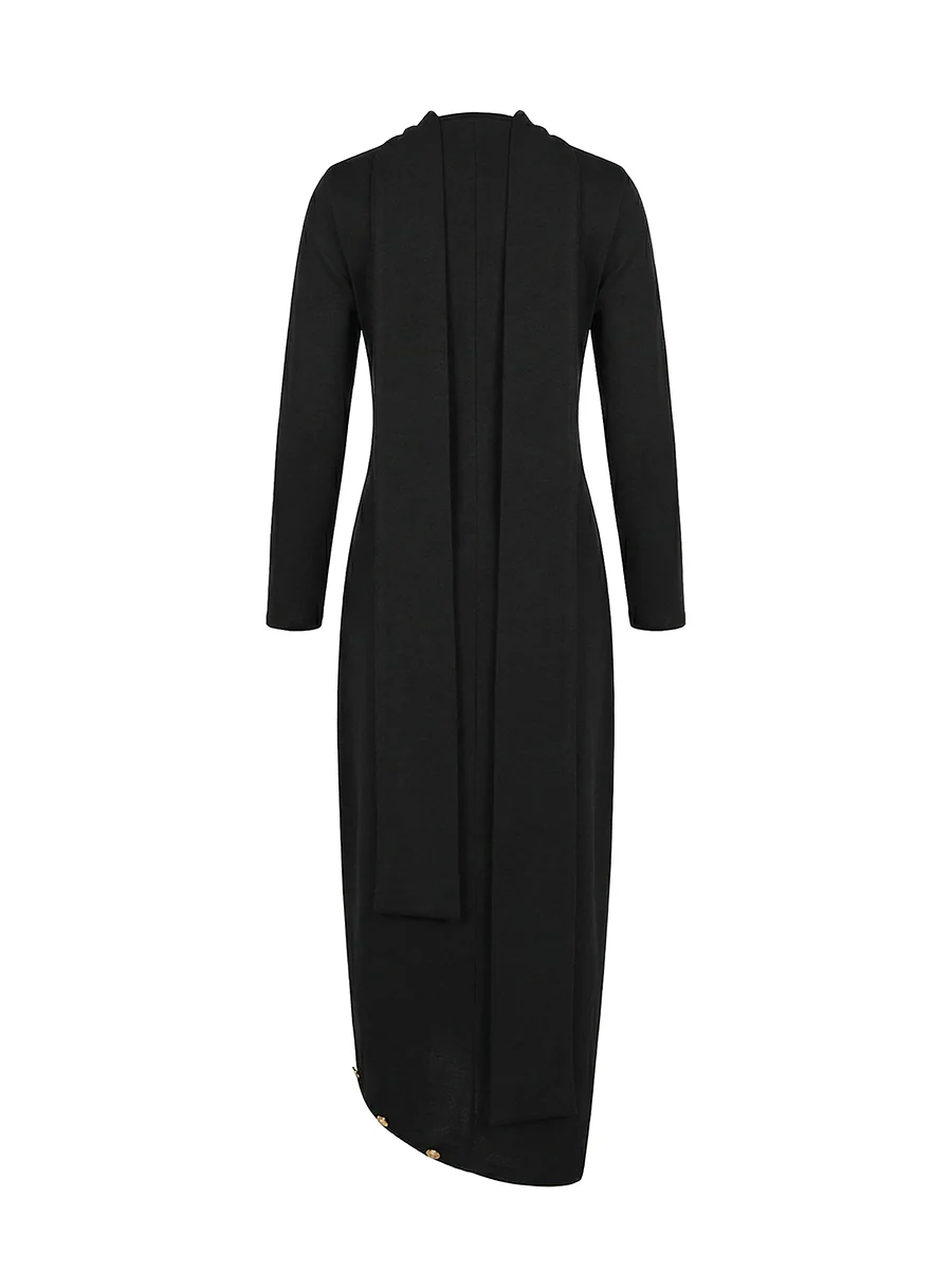 Long Sleeves Loose Asymmetric Buttoned Split-Joint Split-Side Mock Neck Maxi Dresses - Image 7