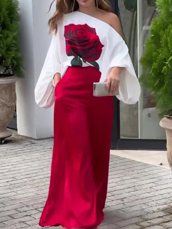 Long Sleeves Loose Asymmetric Elasticity Flower Print One-Shoulder Blouses&Shirts Tops - Image 4
