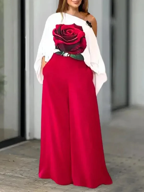 Long Sleeves Loose Asymmetric Elasticity Flower Print One-Shoulder Blouses&Shirts Tops - Image 8