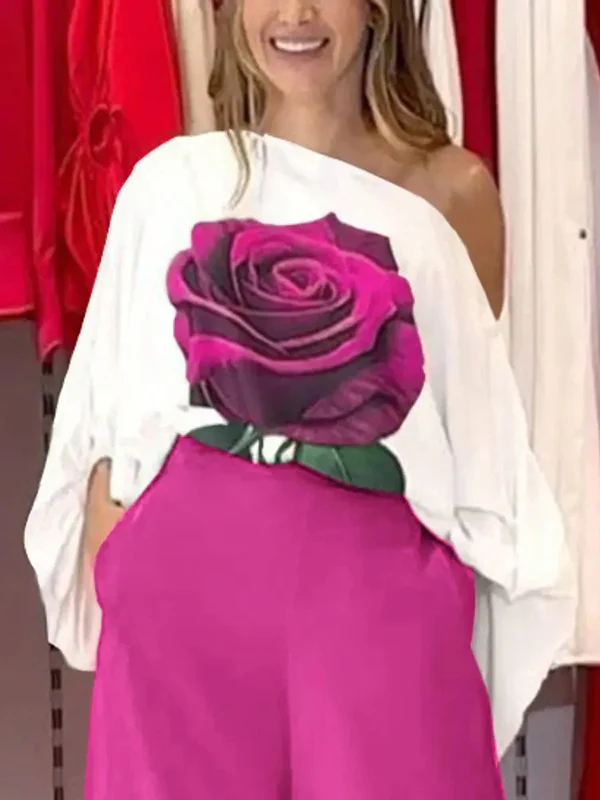 Long Sleeves Loose Asymmetric Elasticity Flower Print One-Shoulder Blouses&Shirts Tops - Image 9