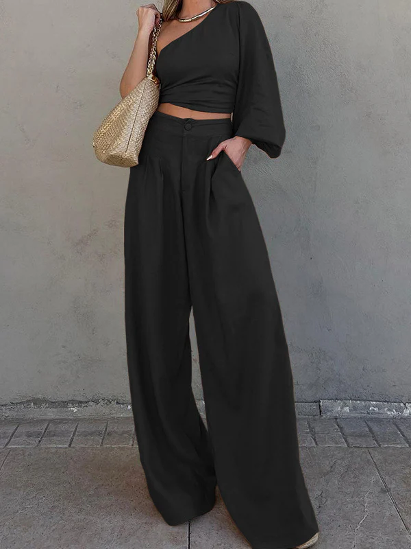 Long Sleeves Loose Asymmetric Elasticity Knot Pleated Solid Color One-Shoulder Shirts Top + Pants Bottom Two Pieces Set - Image 2