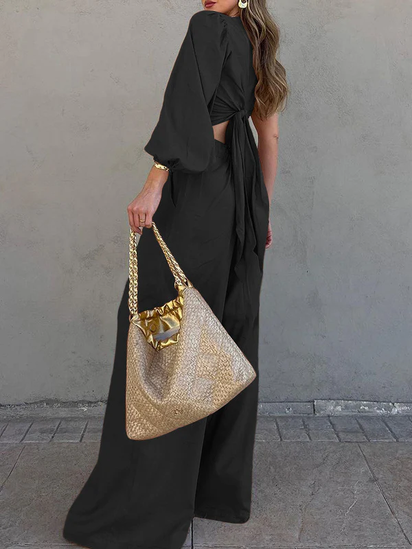 Long Sleeves Loose Asymmetric Elasticity Knot Pleated Solid Color One-Shoulder Shirts Top + Pants Bottom Two Pieces Set - Image 3
