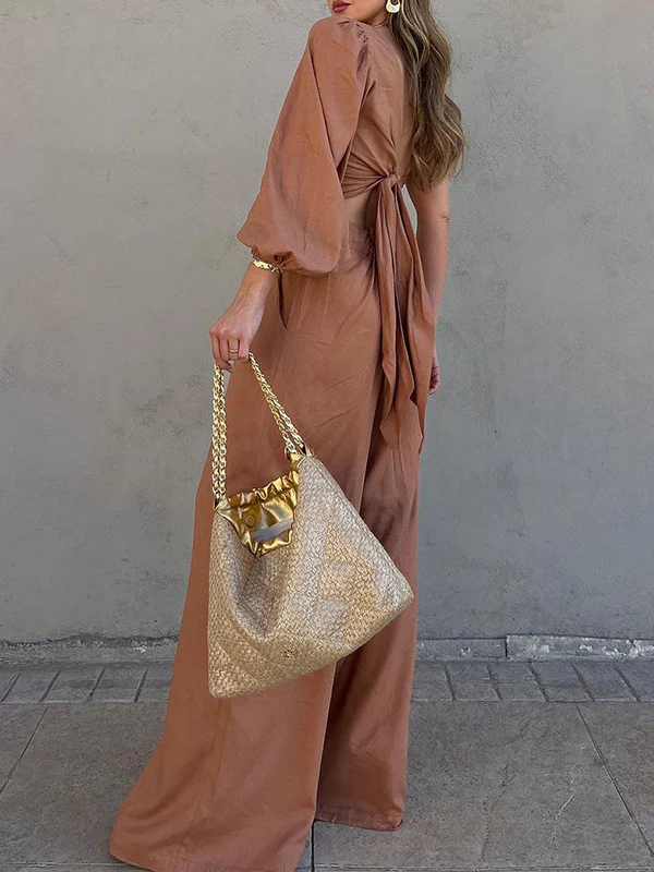 Long Sleeves Loose Asymmetric Elasticity Knot Pleated Solid Color One-Shoulder Shirts Top + Pants Bottom Two Pieces Set - Image 6