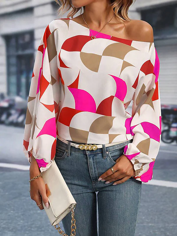 Long Sleeves Loose Asymmetric Elasticity Printed One-Shoulder Blouses&Shirts Tops - Image 3