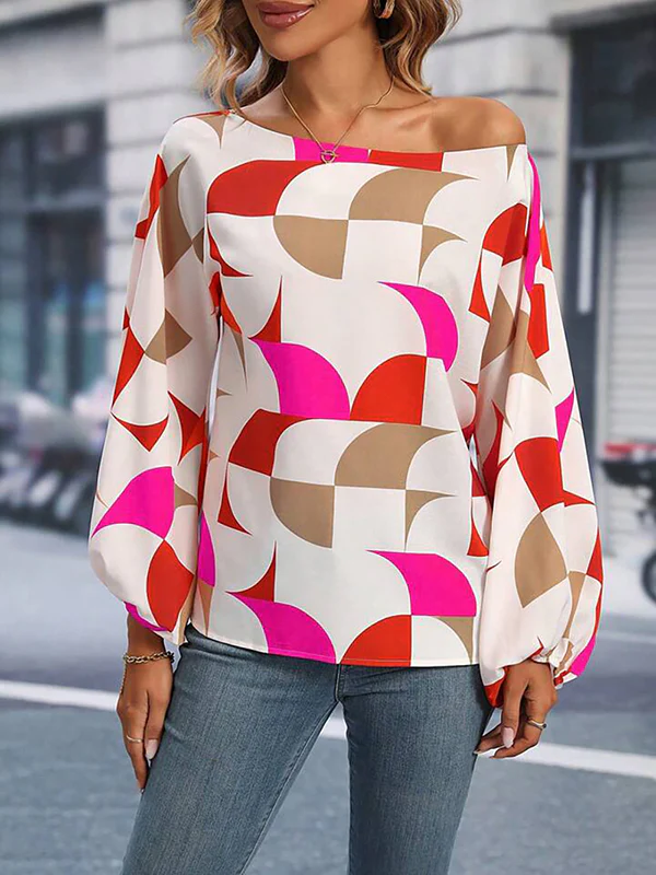 Long Sleeves Loose Asymmetric Elasticity Printed One-Shoulder Blouses&Shirts Tops - Image 5
