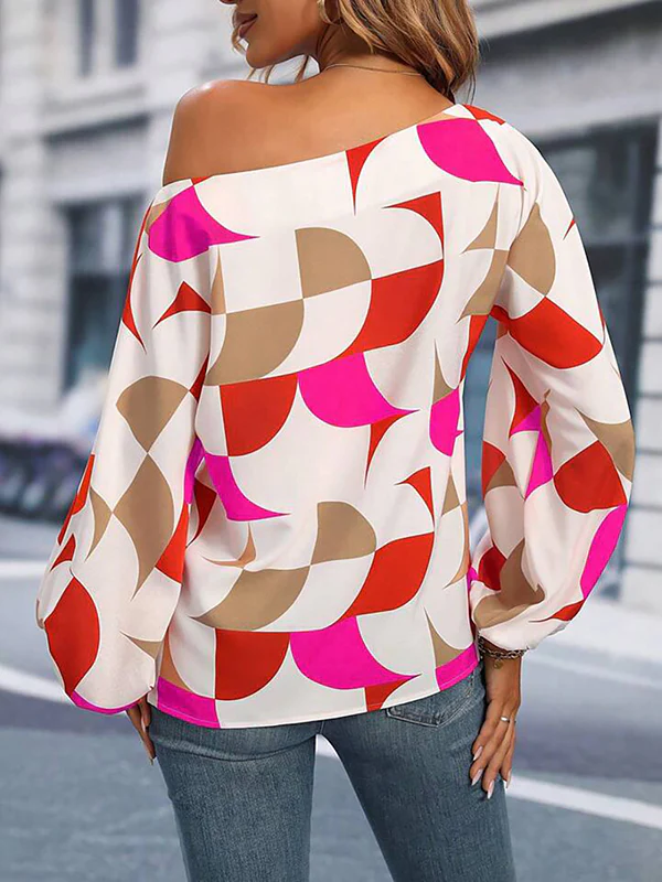 Long Sleeves Loose Asymmetric Elasticity Printed One-Shoulder Blouses&Shirts Tops - Image 7